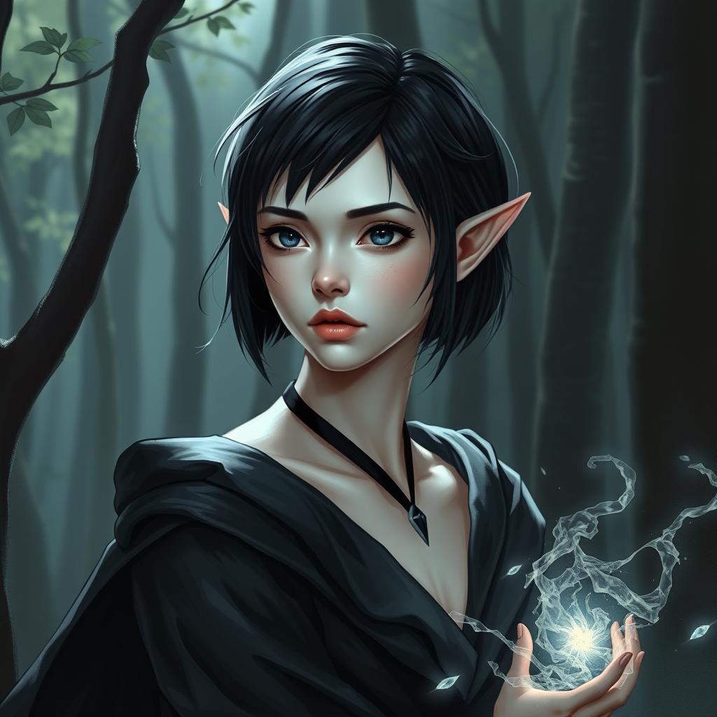 A detailed portrait of a young female elf with pallid, pale skin that stands out in the dimmed forest setting