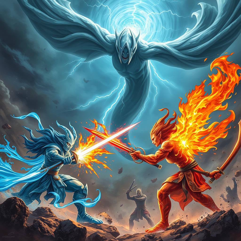 An intense battle scene featuring a water elemental engaged in combat with a fire elemental