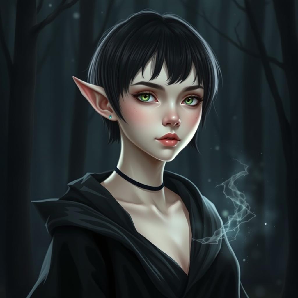 A detailed portrait of a young female elf with pallid, pale skin that gives her an otherworldly appearance, set against a dimmed forest backdrop