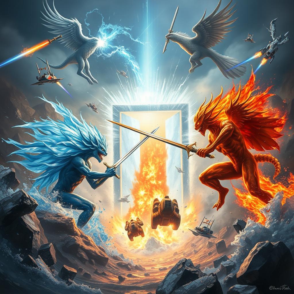 A breathtaking fantasy battle scene featuring a water elemental engaged in fierce combat with a fire elemental, both armed with powerful katana swords and firing vibrant laser beams