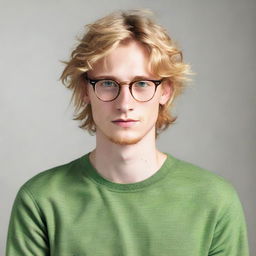 A young man with honey-colored hair and green eyes, wearing glasses. His hair is of medium length.