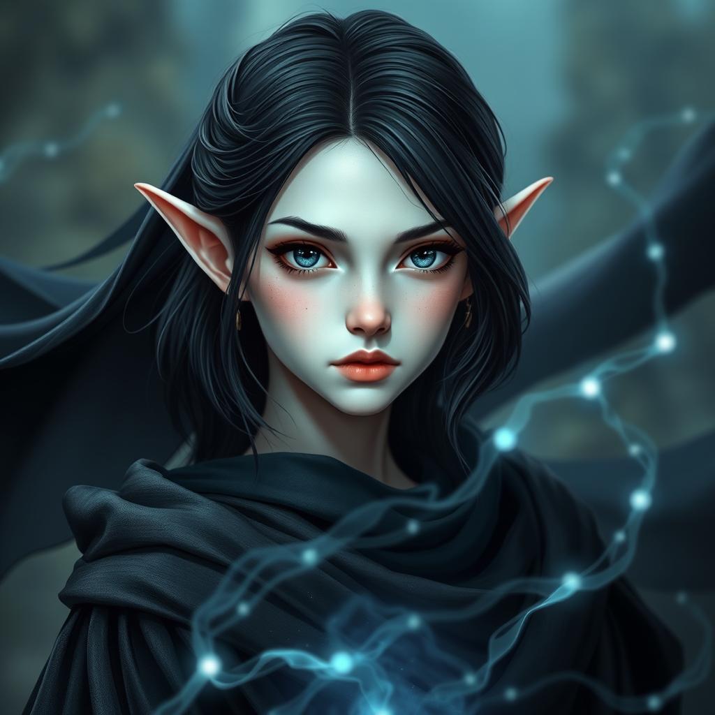 A young female elf with pale skin and black shoulder-length hair, exhibiting captivating grey eyes and natural lips that enhance her serene beauty
