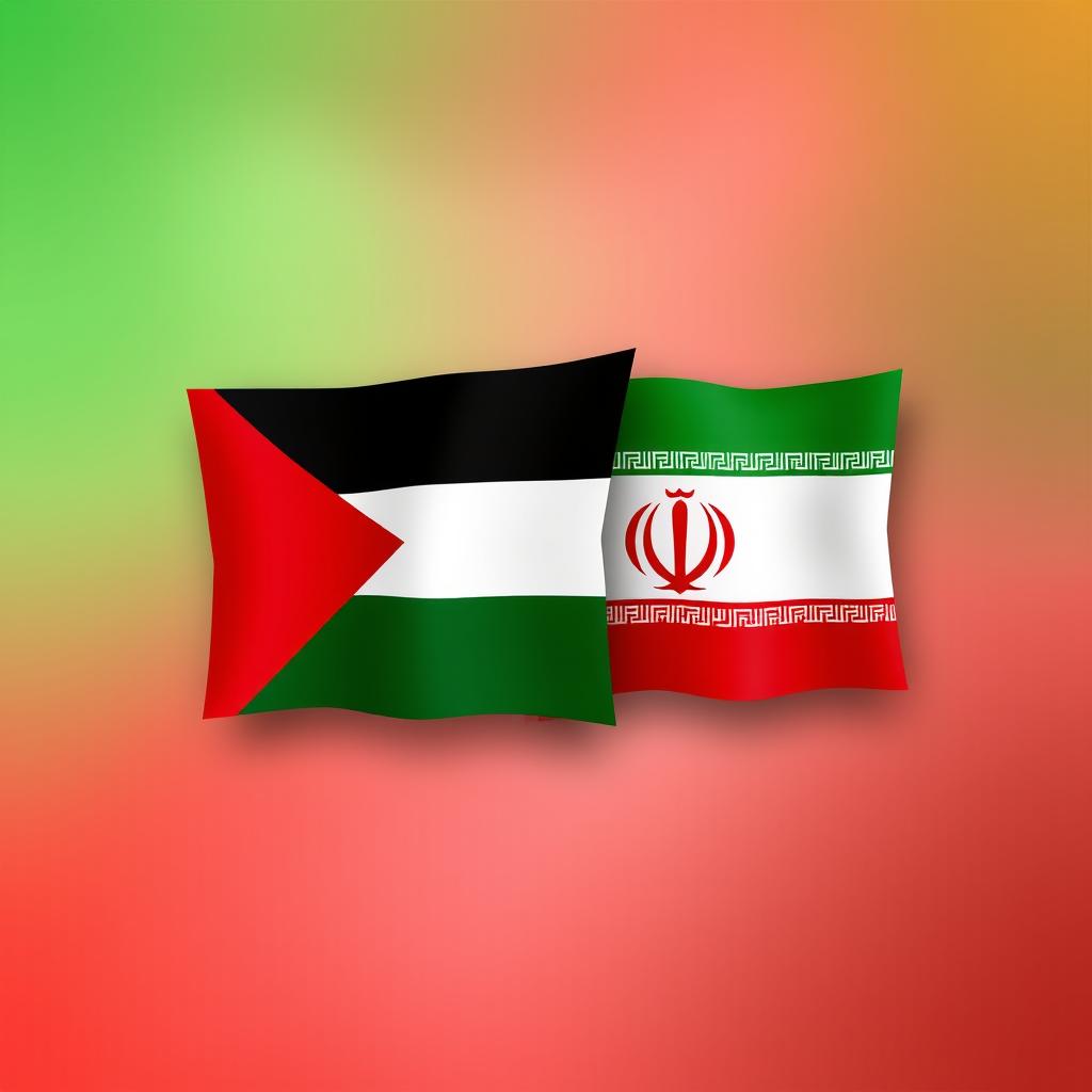 A visually striking illustration of the flags of Palestine and Iran combined creatively, showcasing their vibrant colors and distinctive designs