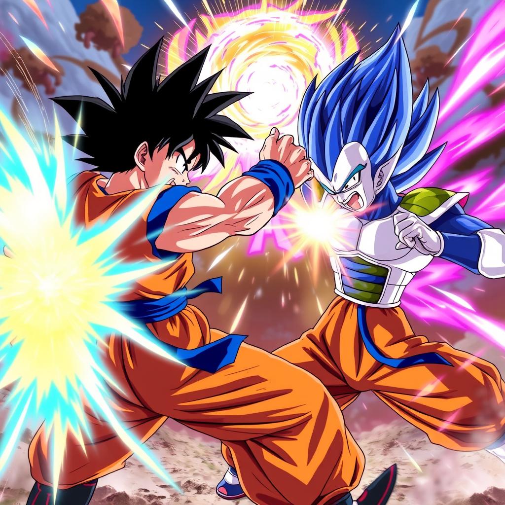 An epic battle scene featuring Goku and Vegeta in fierce combat, showcasing their iconic fighting poses and energy auras