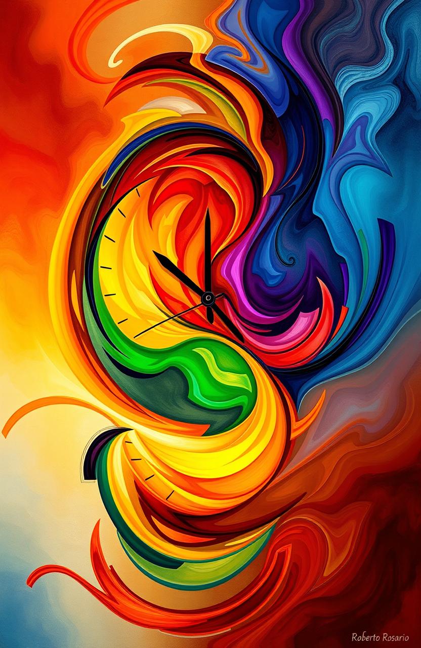 An abstract representation of time illustrated through vibrant colors and dynamic shapes, symbolizing the constant change and flux in life