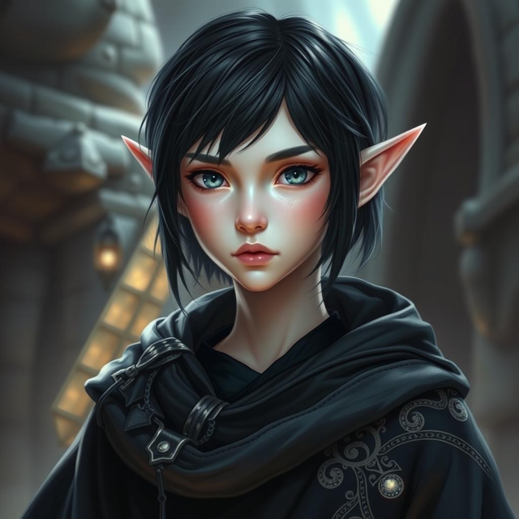 A young female elf with pale skin and short black hair, featuring enchanting grey eyes and natural lips that accentuate her delicate beauty