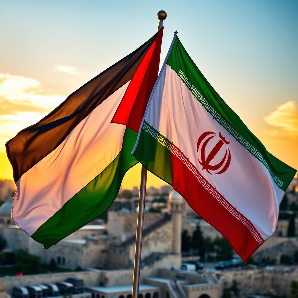 An inspiring scene showcasing the flags of Palestine and Iran together in Jerusalem