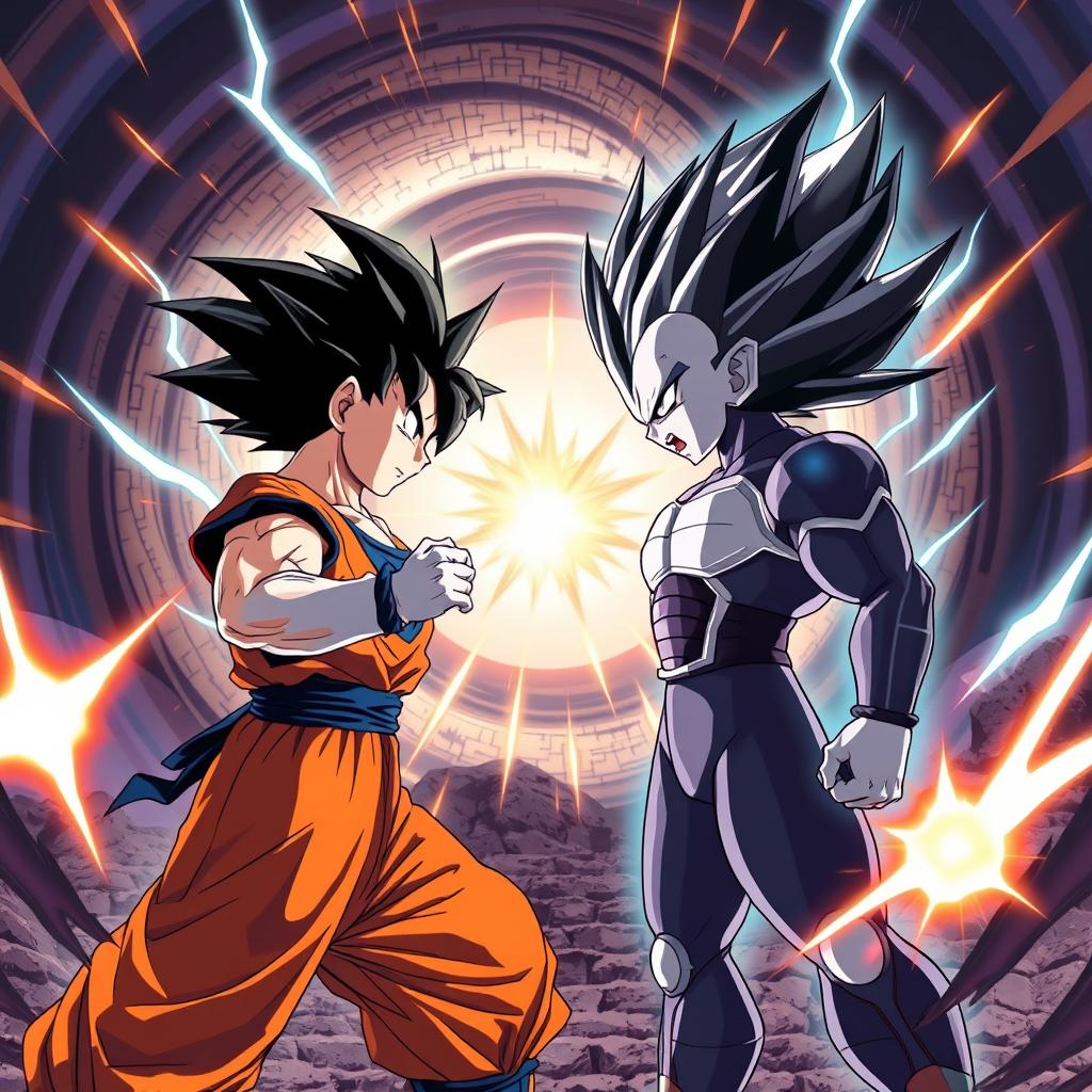 An electrifying battle scene featuring Goku and Vegeta engaged in an intense fight