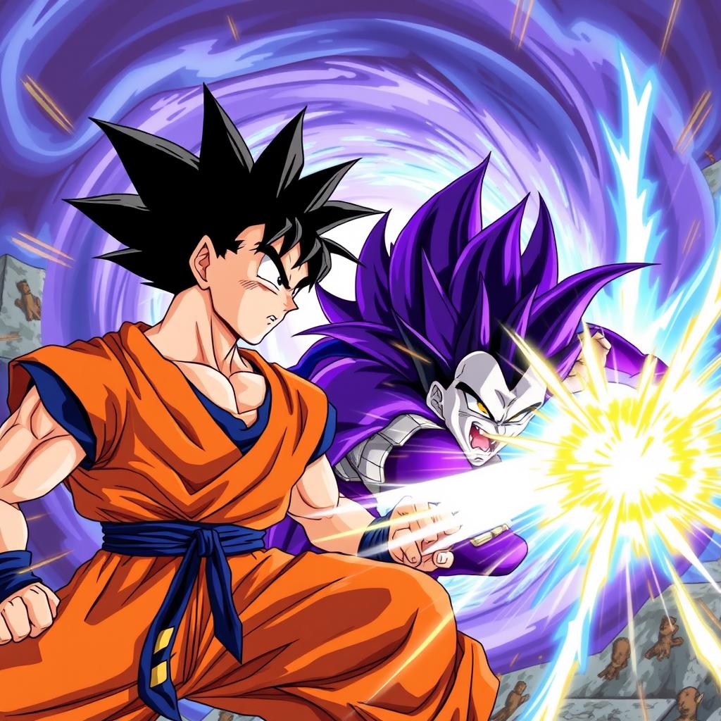 An electrifying battle scene featuring Goku and Vegeta in the midst of a fierce confrontation