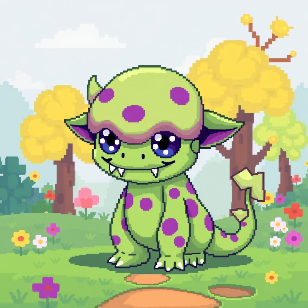 A charming pixel art monster, designed in a retro video game style, showcasing a vibrant color palette