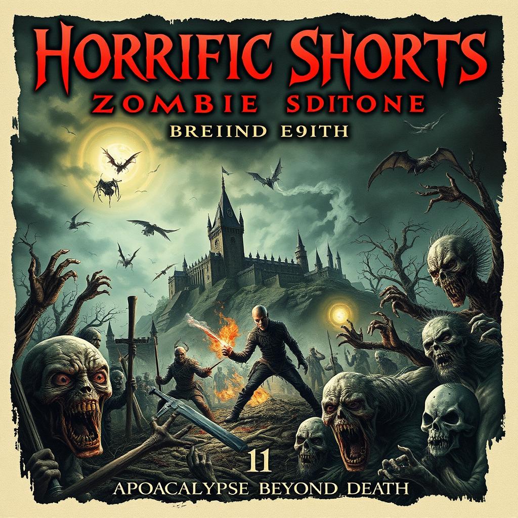 A nightmarish collage depicting a horror scene for the cover of a book titled *Horrific Shorts: Zombie Edition 11*