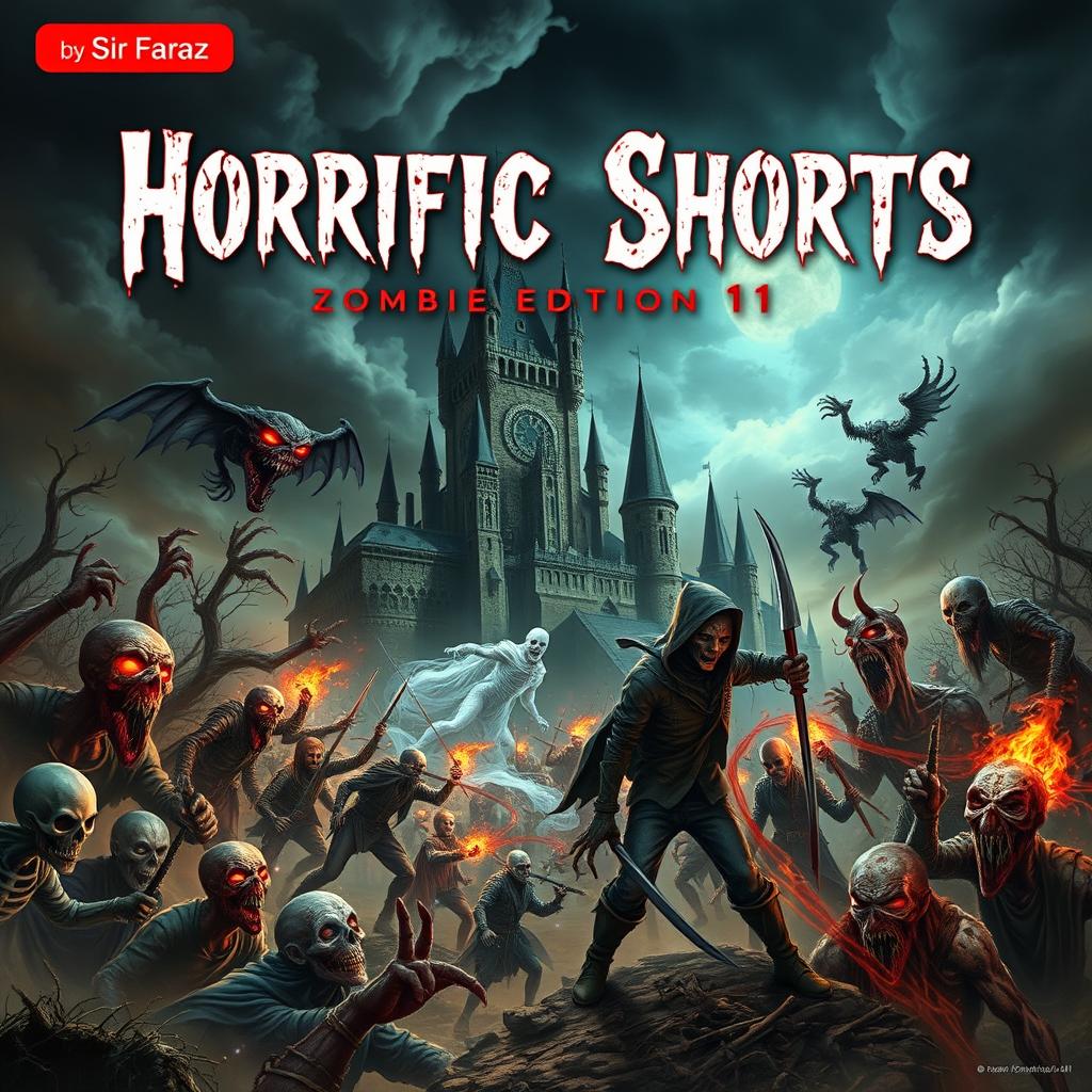 A nightmarish collage for the cover of *Horrific Shorts: Zombie Edition 11* by Sir Faraz, featuring a terrifying scene of the undead meeting the unthinkable