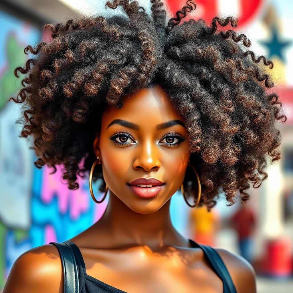 A beautiful woman with a stunning afro hairstyle, showcasing voluminous, curly natural hair that frames her face elegantly