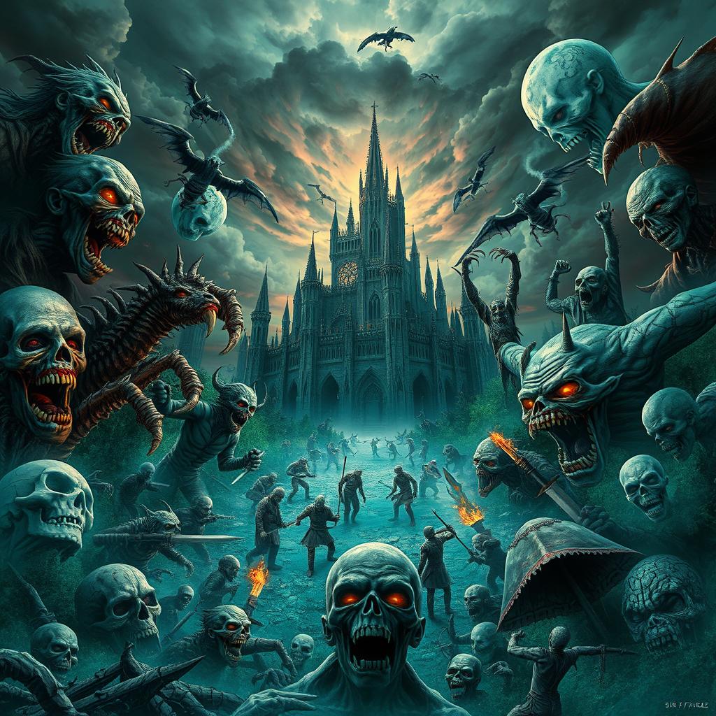 A nightmarish collage for the cover of *Horrific Shorts: Zombie Edition 11* by Sir Faraz, showcasing a terrifying realm where the undead meet the unthinkable