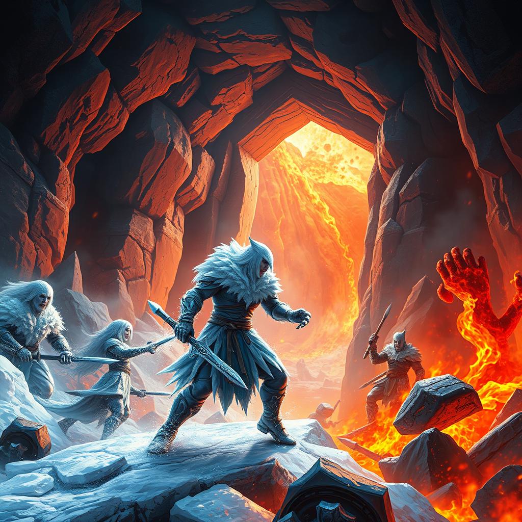 A thrilling scene depicting a humanoid ice warrior venturing into the fiery dimension, where chaos reigns as mighty battles unfold