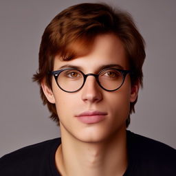 A young man with dark honey-colored hair and honey-colored eyes, wearing black round-framed glasses. His hair is medium length.