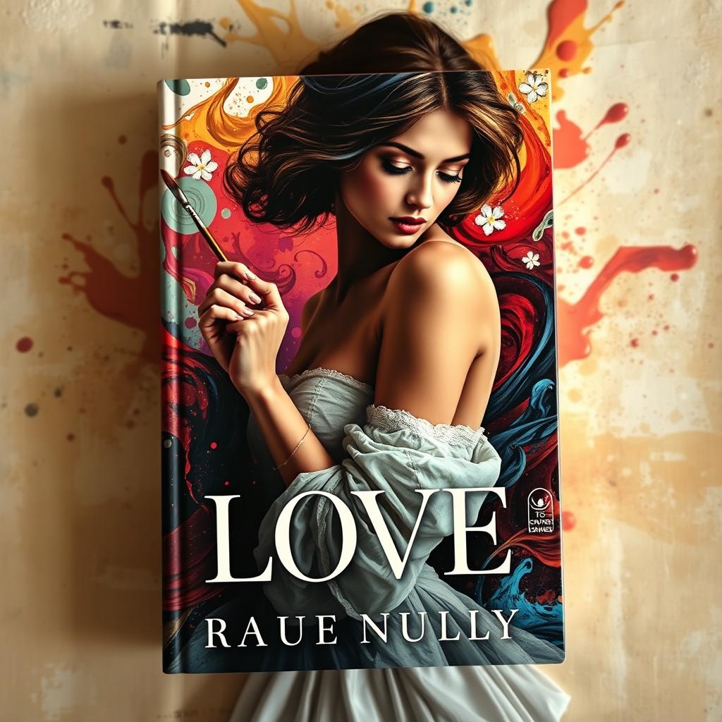 A captivating book cover featuring a poetic woman artist, elegantly poised in a dramatic setting