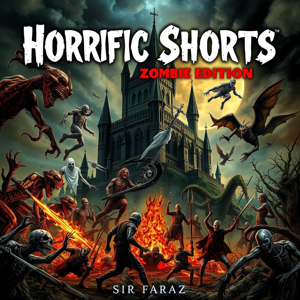 A nightmarish collage for the cover of *Horrific Shorts: Zombie Edition 11* by Sir Faraz, immersing viewers in a chilling realm where the undead encounter the unthinkable