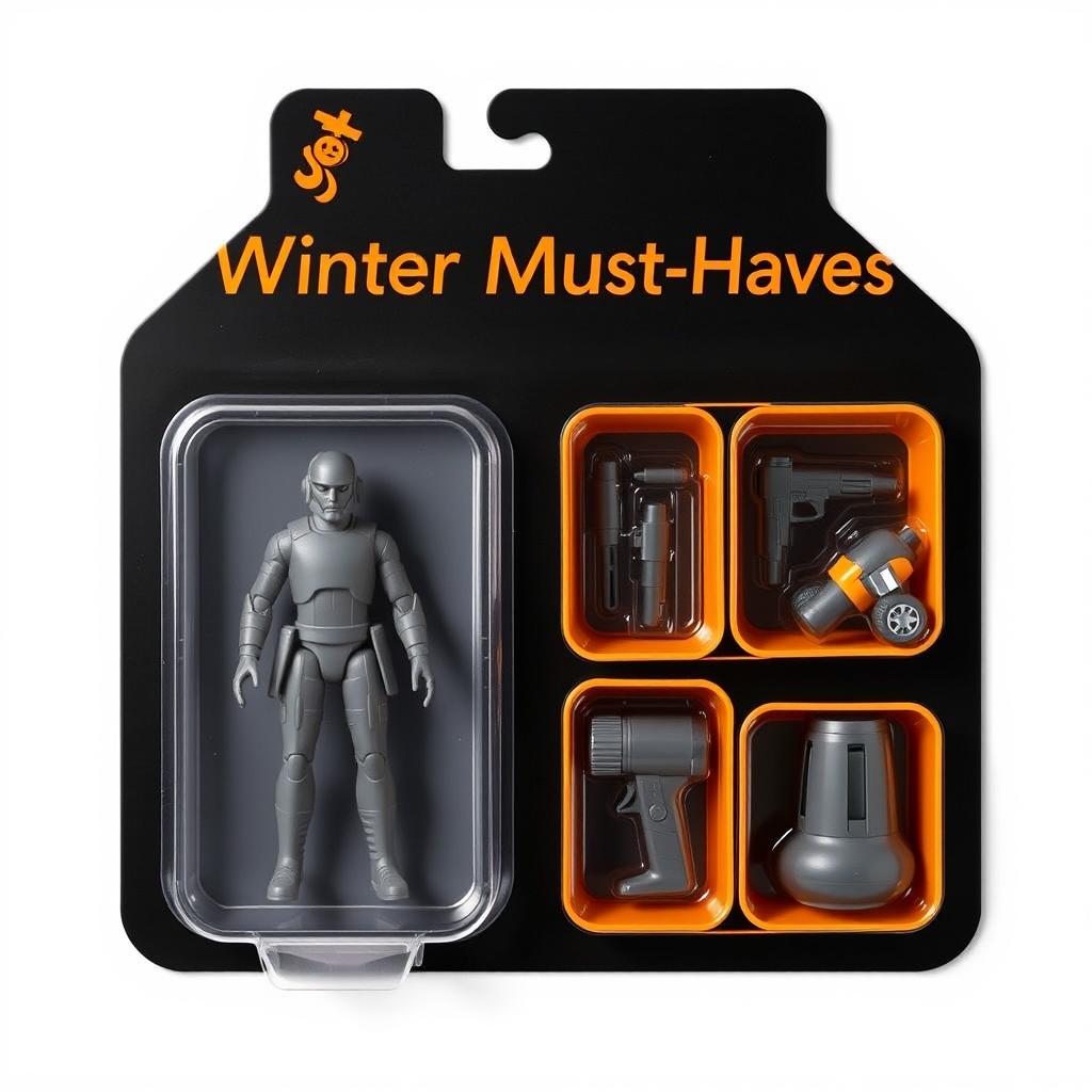 An action figure package design featuring a sleek black background with vibrant orange text