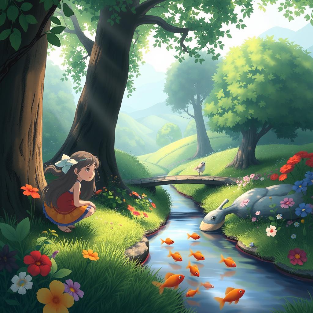 A whimsical, enchanting forest scene in the style of Studio Ghibli, featuring vibrant greenery and vivid flowers