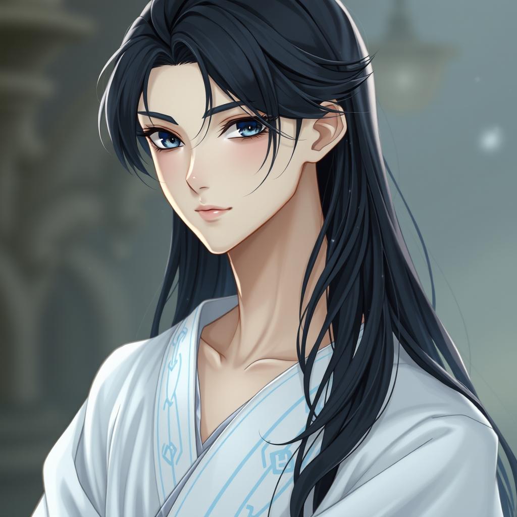 A stunning male figure of ethereal beauty, standing gracefully with fair skin and long black hair cascading down to his knees