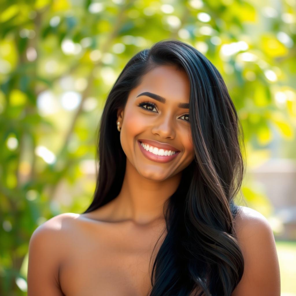 A beautiful woman with brown skin, brown eyes, black hair, and a stunning smile