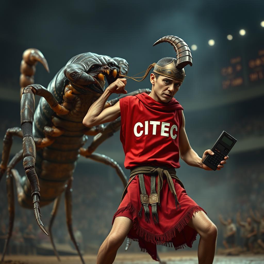 A giant scorpion stinging a skinny, whimpering gladiator dressed in a vibrant red tunic with the word 'CITEC' emblazoned on it