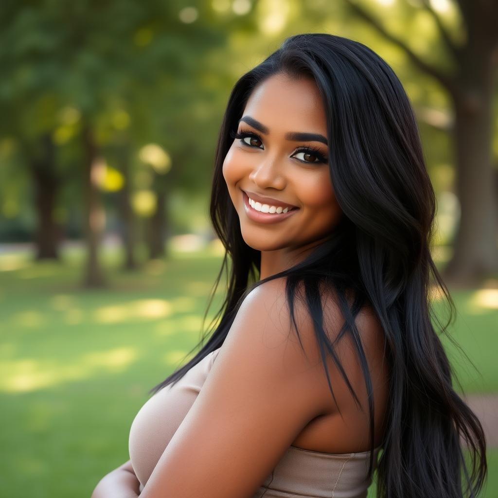 A beautiful woman with brown skin, captivating brown eyes, and long black hair, smiling brightly