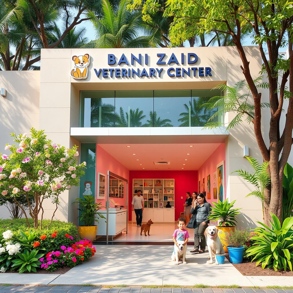 A vibrant and inviting veterinary clinic named "Bani Zaid Veterinary Center", featuring modern architecture and lush greenery surrounding the building