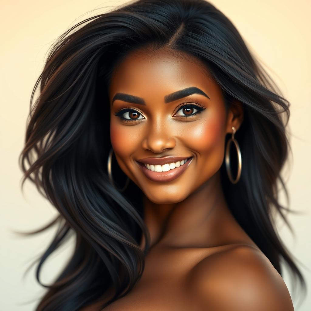 A highly realistic portrait of a beautiful woman with brown skin, deep brown eyes, and long flowing black hair