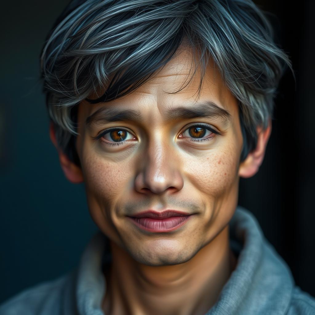 A striking portrait of a youthful person with gray hair, showcasing vibrant contrasts with their dark hair and brown eyes