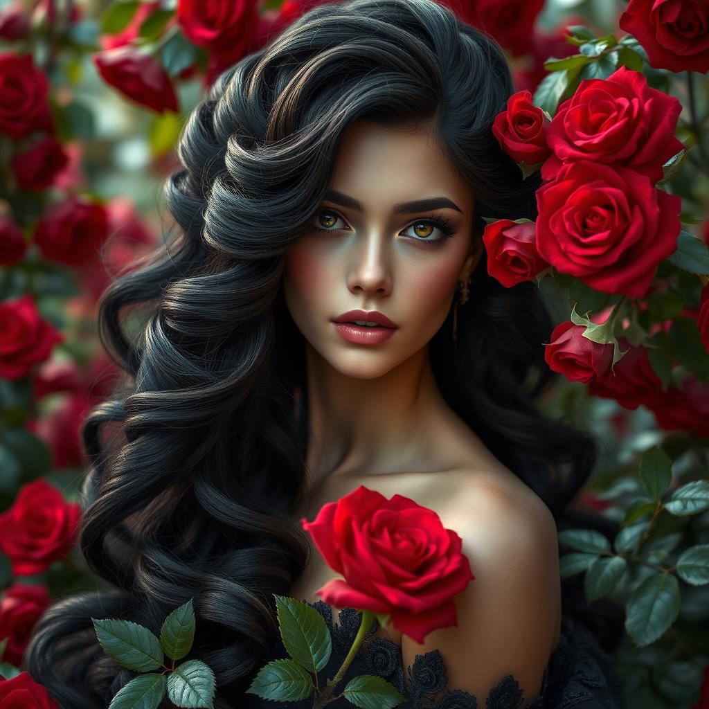 A stunning mythical beauty featuring flowing black Rococo-style hair adorned with intricate curls and flourishes, and deep brown eyes that exude an enchanting allure