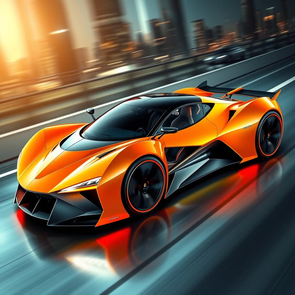 A unique and futuristic sports car design that stands out with its unconventional shape and vibrant colors