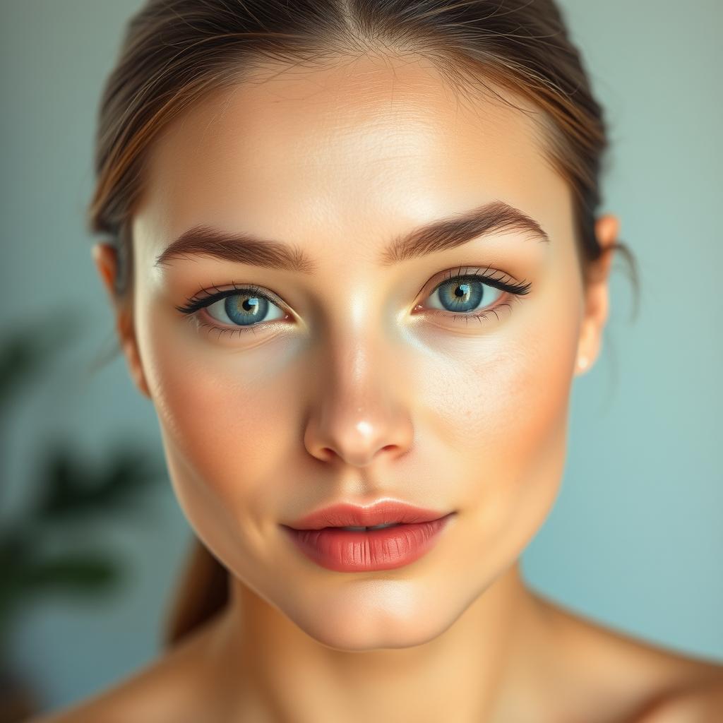 A close-up portrait of a young woman with glowing, flawless skin, showcasing a smooth complexion