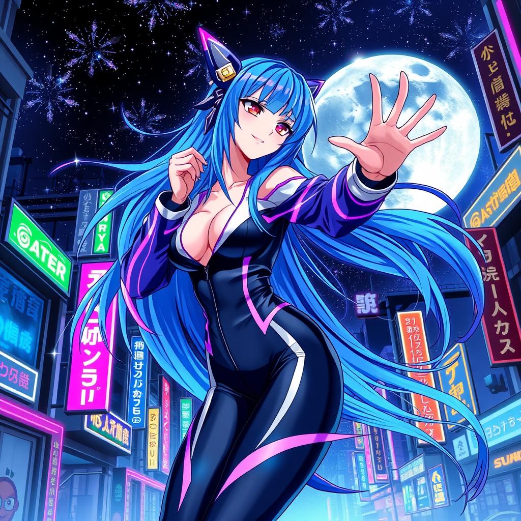 A vibrant anime scene featuring a striking young woman with long, flowing blue hair, adorned with glowing purple highlights