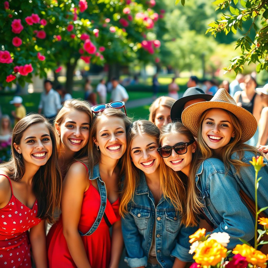 A lively group of friends, all smiling and looking directly at the camera, showcasing a vibrant outdoor setting