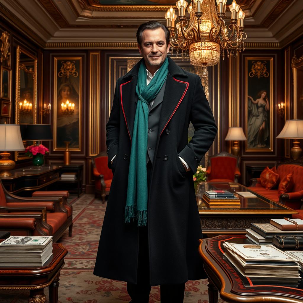A luxurious and opulent setting within a stylish office, where a confident and wealthy individual is standing prominently