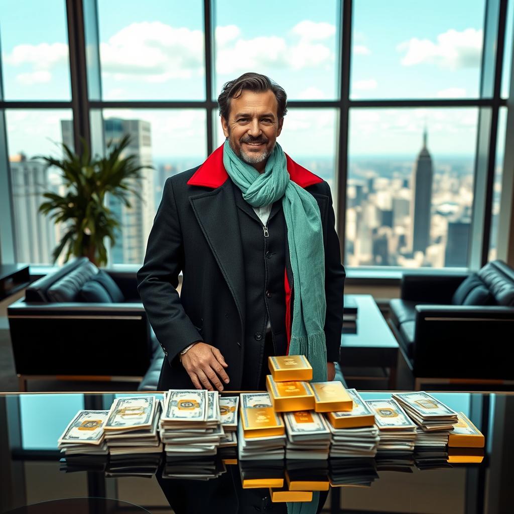 A wealthy person in a luxurious office setting, exuding an aura of success and sophistication