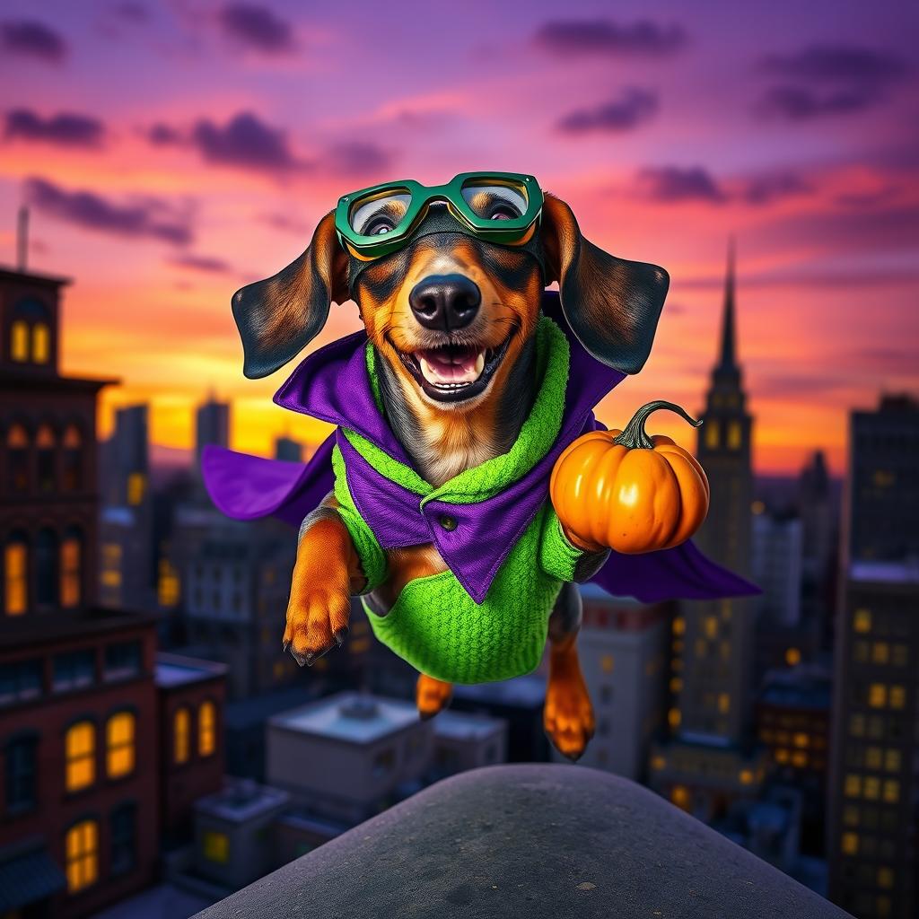 A whimsical scene featuring a dachshund styled as the Green Goblin from comic lore, the dog is adorned with a bright green, textured costume complete with a purple tunic and cape, a playful expression on its face