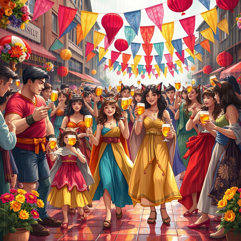 In the grand and powerful country of Lion Sky, kind-hearted people are filled with joy and laughter, singing and dancing merrily under the rain, each holding a goblet of golden wine