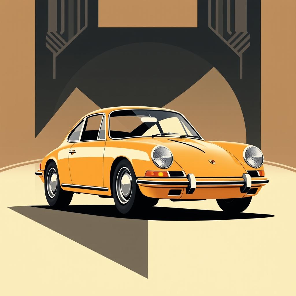 A modern factory-style poster featuring a classic Porsche 911, showcased in a sleek and industrial design