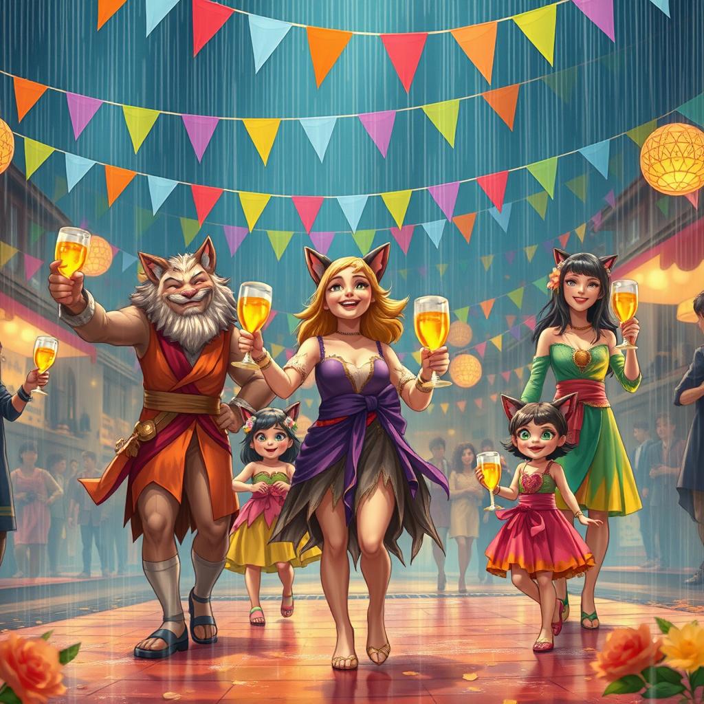 In the grand and powerful land of Lion Sky, kind-hearted people are filled with joy and laughter, singing and dancing merrily in the rain, each holding a goblet of golden wine