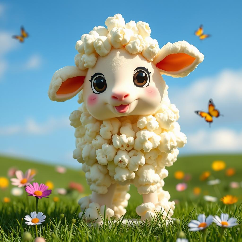 A whimsical and imaginative sheep that is entirely made of popcorn, featuring fluffy white popcorn kernels forming the body, legs and head of the sheep