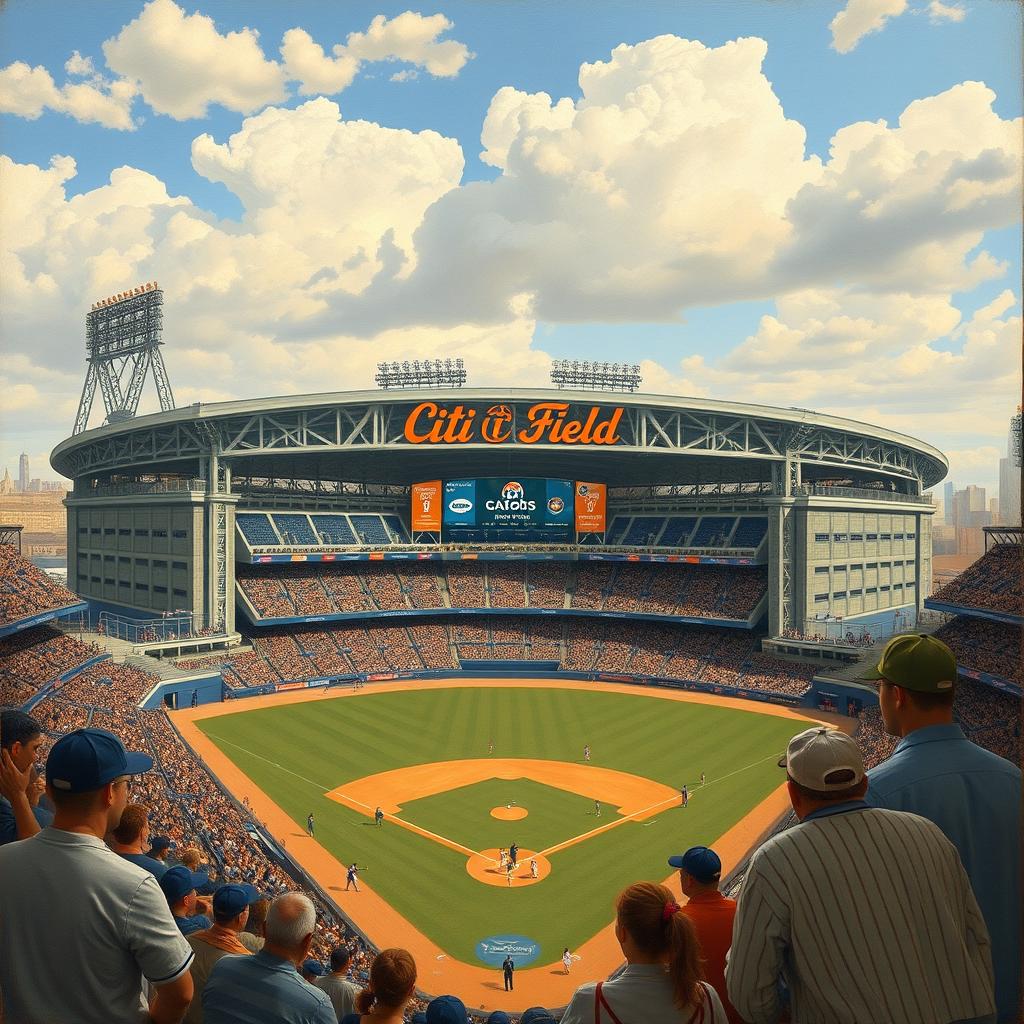 A stunning artwork inspired by the style of Leonardo da Vinci, featuring Citi Field, the home of the New York Mets