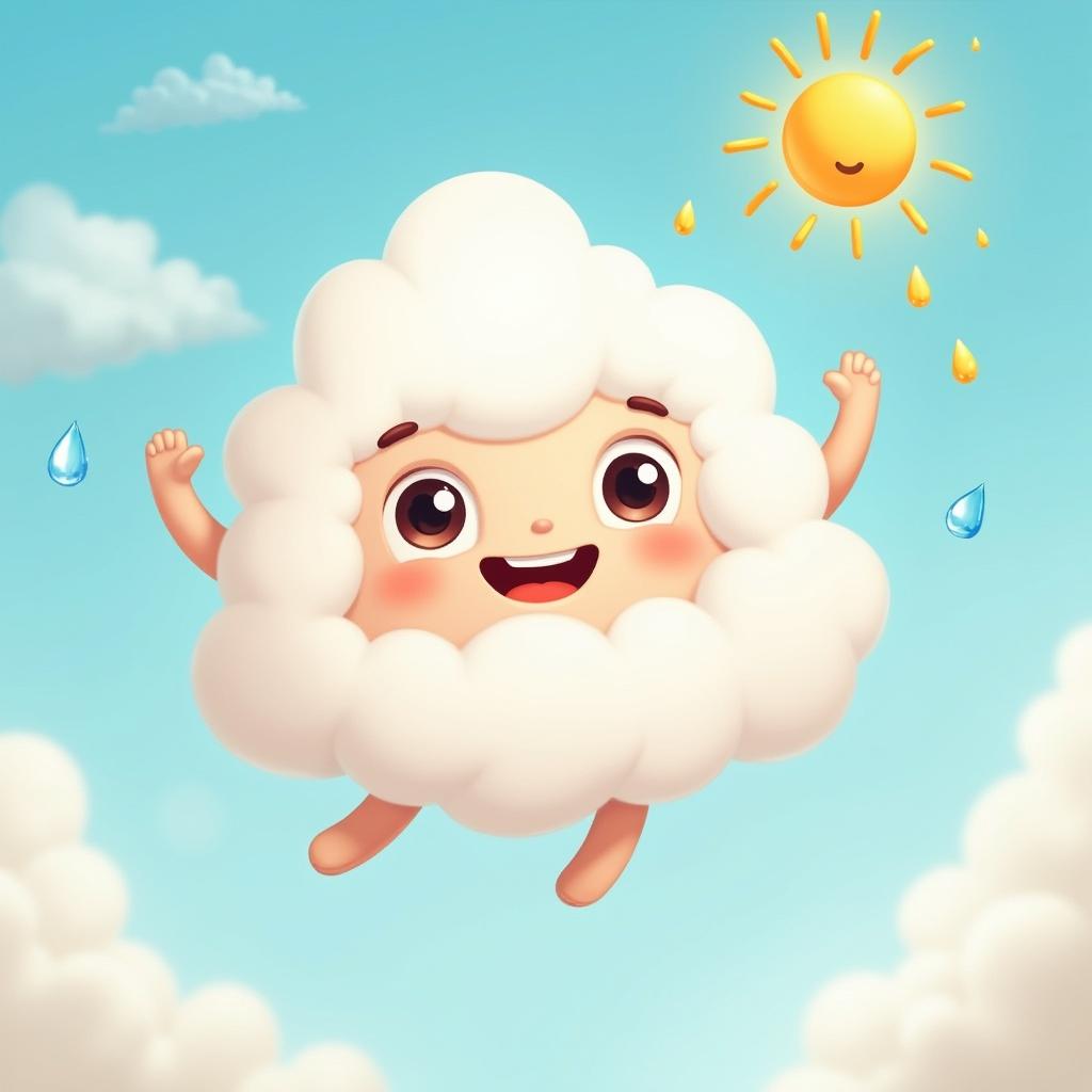 A whimsical and friendly anthropomorphic cloud character named Wally, with a fluffy white appearance, expressive facial features, and oversized expressive eyes