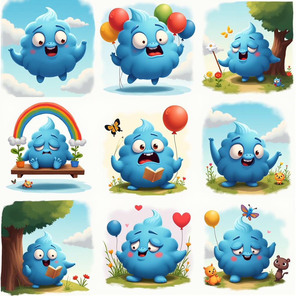 More images of Wally Worry, a unique cartoon character designed as a blue fluffy cloud