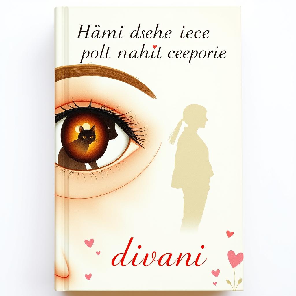 Design a book cover featuring an artistic interpretation of a young woman with an oval face shape and expressive brown eyes