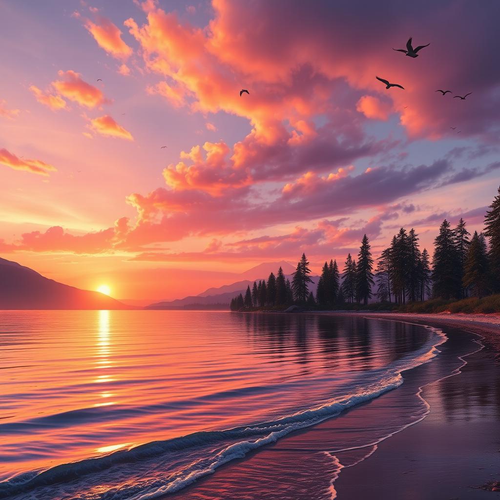 a vibrant landscape with a beautiful sunset, reflecting warm orange and purple hues across a serene lake, with silhouettes of tall trees lining the shore, a distant mountain range under the fading light, gentle waves lapping at the water's edge, and a flock of birds soaring overhead, creating a peaceful and calming atmosphere
