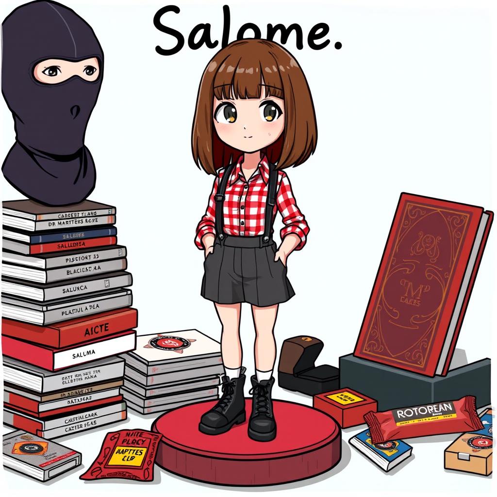 An illustrated character figurine representing a woman named 'Salomé', age 30, with brown hair styled in a bob haircut and a short fringe