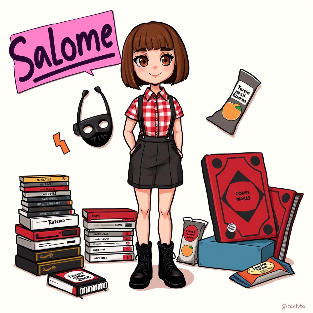 A figurine character representing Salomé, a 30-year-old woman with a square bob haircut with bangs in chestnut brown